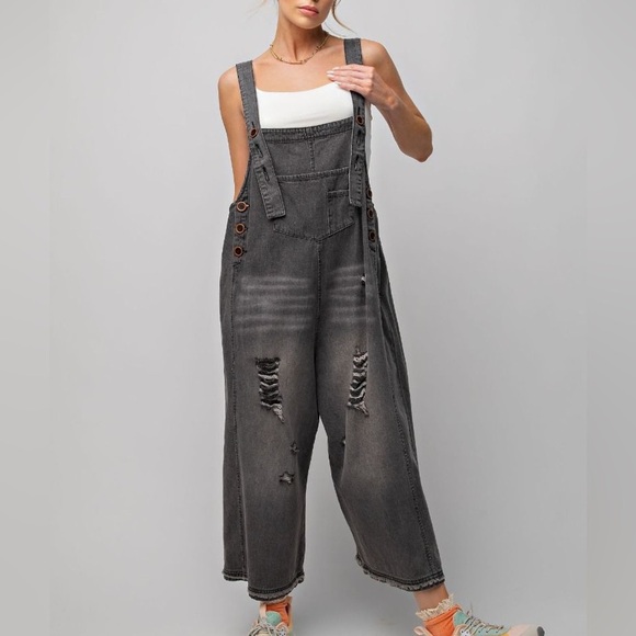 Easel Washed Black Denim Loose Fit Overalls - Picture 2 of 9